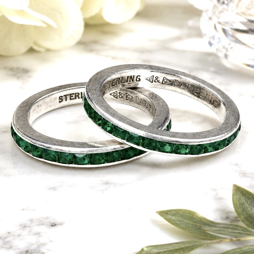 VTG Clark Coombs Sterling Silver Green Glass Eternity Band Ring Set Sz 6 & 6.5